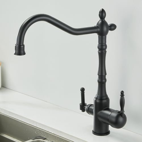 Wasserhahn Küche Schwarz Retro 3 Wege Küchenarmatur Trinkwasserhähne mit Doppelausgang Heißes und Kaltes Wasser Zweigriffarmatur Küche