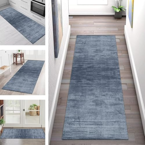 Teppich Läufer Flur Küche rutschfest Waschbar Teppichläufer Flur Grau Blau 90X180CM Modern Teppichläufer Fußmatte Polyester Anpassbar für Vorzimmer Eingangsbereich Schlafzimmer Wohnzimmer Küche