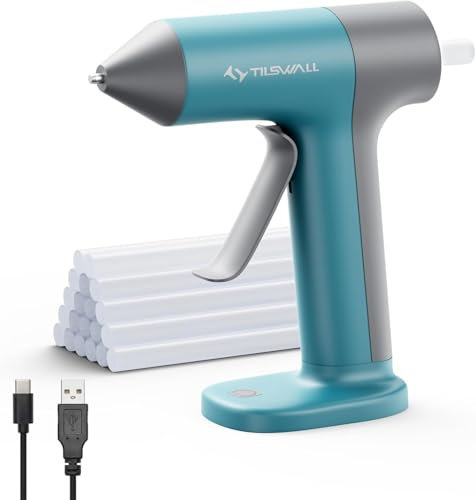 Tilswall Pistolet à colle chaude sans fil, préchauffage rapide des années 30, mini pistolet à colle et bâtons avec 2 000 mAh de type C rechargeable, mise hors tension intelligente, 20 bâtons de colle