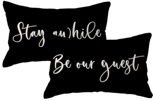 ULOVE LOVE YOURSELF Guest Welcome Throw Pillow Covers 2Pack Stay Awhile and Be Our Guest Design Farmhouse Guest Room Decor Cushion Covers 12 x 20 (Black)