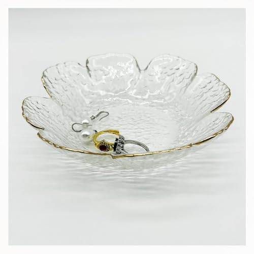 BESSKON Glass Jewelry Dish Tray, Flower Small Ring Dish, Crystal Ring Jewlery Holder Dish, Vanity Decorative Tray Jewelry Plate, Engagement Gift Clear Trinket Dish for Earrings, Entryway Key Bowl