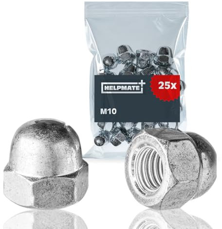 HELPMATE – M10 Hutmuttern DIN 1578 – galvanisch verzinkter Stahl – 25 Stück – Sechskant-Hutmuttern zum Schutz und zur Befestigung von Schraubenenden