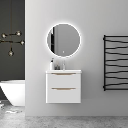 Biubiubath 60cm Bathroom vanity unit 3 Piece Set with washbasin and Anti-fog Round LED mirror with lights,design up with 2 large drawers,oak