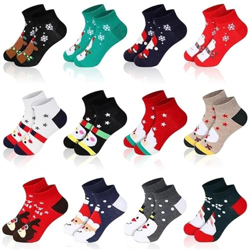 MKAKYES Chaussettes de Noël, 12 Paires Chaussette de Noel Femme Homme, Chaussette Noel Drôle, Cadeaux de Fête de Noël pour Adultes, Taille 36-41
