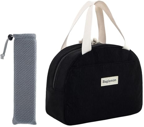 ZENGSING Lunchtasche Damen Cord mit Bestecktaschen, Isolierte Lunch-Box, Frauen wiederverwendbare Lunch-Tasche, Isolierte Lunchtasche, Thermotasche für Essen für Schule Strand Picknick (Schwarz)