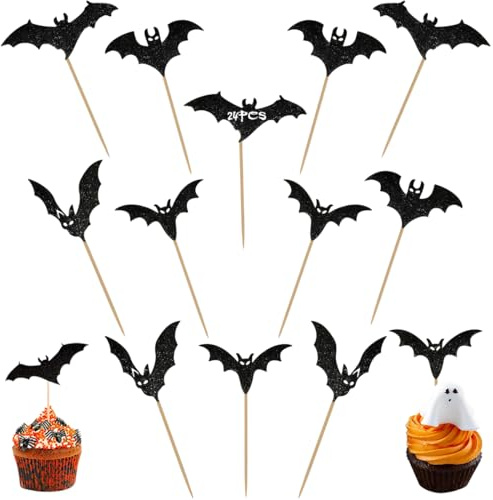 24 PCS Decoración de Tartas, Murciélago Adornos para Cupcakes de Halloween, para Decoración de Cupcakes, para Halloween, para Fiestas de Cumpleaños, Decoración de Tartas