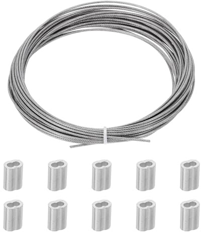 PATIKIL 1,5 mm x 10 m stålkabel, 1SET rostfritt stålkabel för utomhusbruk styrtråd med 10 aluminiumhylsor för krympning för räcken trådräcke, transparent