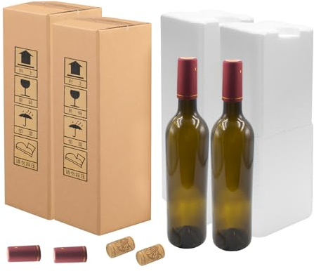 2 Ensembles Boîte D'expédition de Vin avec Bouteille de Vin, Mousse Protectrice, Bouchons et Film Rétractable, Emballage D'expédition de Bouteille Unique pour le Transport et le Stockage