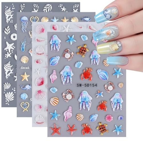 4 Blatt 5D Stereoskopisch Ozean Nagelsticker Sommer Nail Art Sticker Selbstklebend Nagelaufkleber Nageldesign Zubehör für DIY Dekorationen, Nail Art, Phone Case(Muschel, Seestern, Qualle)