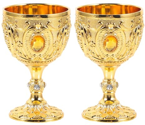 Mikikit Lot de 2 Gobelets en Métal Gravé Doré – Coupes à Vin Médiévales Décoratives Vintage Calices Rétro pour Fêtes Décoration Château et Rituels Historiques