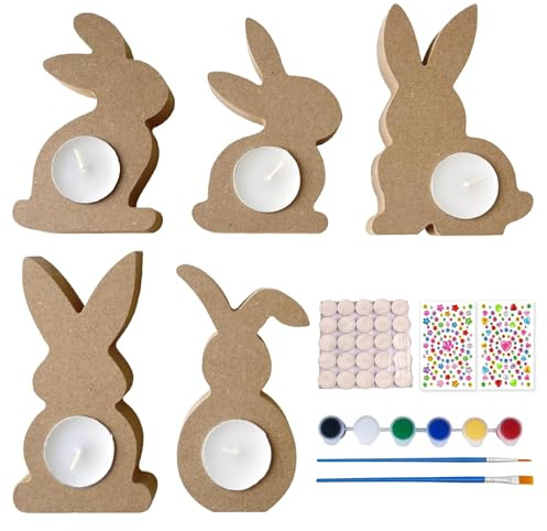 Bastelset Ostern Holz Teelichthalter – 5 Stück Hasen zum Bemalen für Mädchen & Jungen – DIY Osterdeko & Ostern Deko – Kreative Ostergeschenke & Basteln Ostern Set mit Pinsel