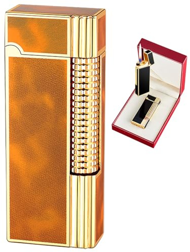 Accendino ricaricabile in metallo con fiamma morbida – Accensione a rotella laterale, confezione regalo e accessori for pietra focaia inclusi (carburante non incluso)(Orange)