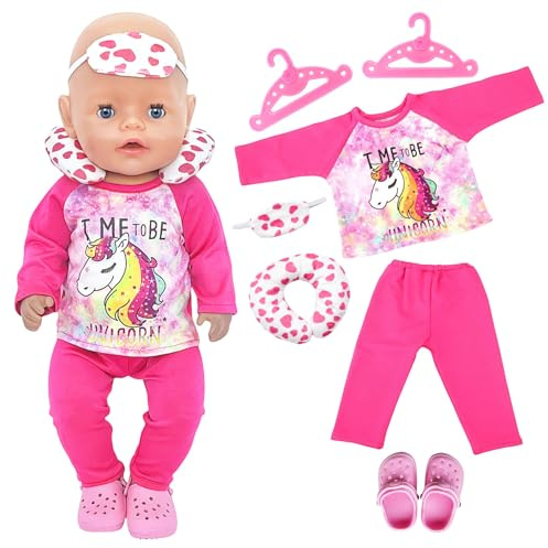 Atomvia Puppenkleidung für 35–45 cm Puppen, Rosa Pony Outfit mit Langarm Oberteil & Hose, Nackenkissen Augenmaske Set, Schuhe & Kleiderbügel, Puppen Zubehör (Ohne Puppe)