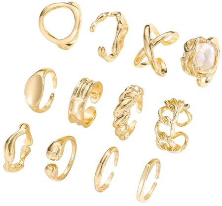 12 Pcs Gold Chunky Rings for Women, Thick Gold Stacking Rings Set for Women,Thick Open Ring Adjustable Stackable Knuckle Ring for Ladies Elegant