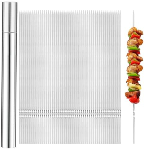 QOXEZY Pinchos de barbacoa de acero inoxidable de 35 cm para asar al aire libre y acampar, juego de brochetas resistentes al óxido (20/30 piezas) con tubo de almacenamiento de metal protector (30