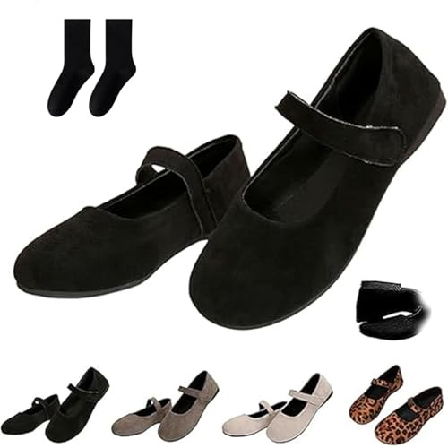 Zapatos planos ortopédicos de gamuza Mary Jane para mujer, zapatos de vestir planos con estampado de leopardo vintage, cómodos zapatos de bailarina casuales con correas, Black, 35.5 EU