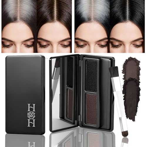 Root Touch Up Powder for Hairline Definition & Colour Correction – Dual-Colour Design (Dark Brown & Dark), Fine Powder with Two-Ended Brush for Grey Coverage, Portable Mirror Case