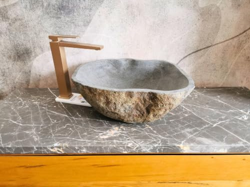Lavandino da Appoggio in Pietra di Fiume 46x40x15 cm, Lavabo Naturale Irregolare per Bagno con Nuovo Foro di Scarico