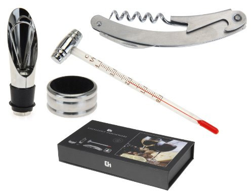 Set da vino 4 pezzi con cavatappi apribottiglie termometro salvagoccia e tappo conico idea regalo sommelier