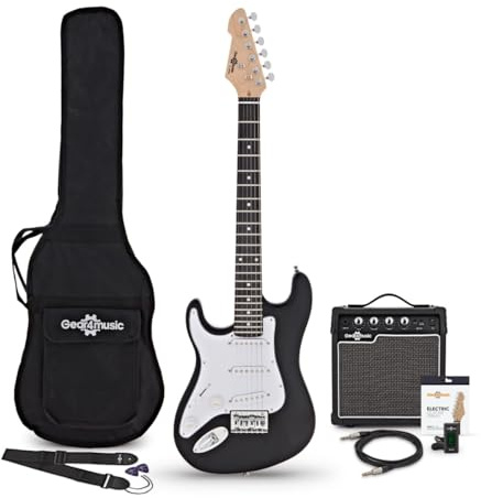 3/4-LA-Linkshänder-E-Gitarre, Schwarz, im Bundle mit 10-Watt-Gitarrenverstärker und Zubehör