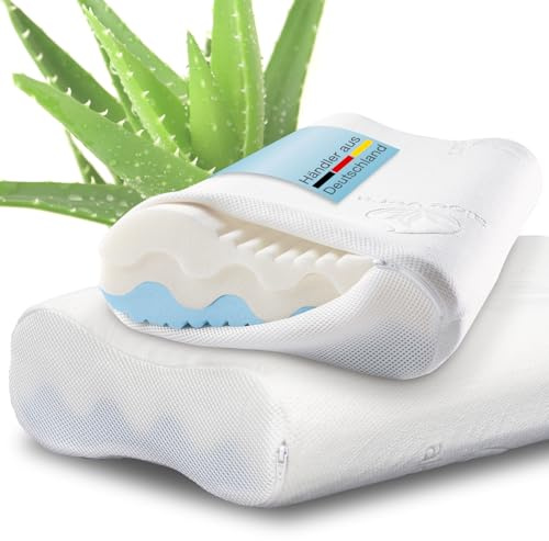 ELONEO 2er-Set Nackenstützkissen individueller Härtegrad 4-fache Höhenanpassung 3D-Abstandsgewebe, Kopfkissen mit Memory Foam inkl. Aloe Vera Klima-Bezug 60 x 35 cm, Viskoschaum