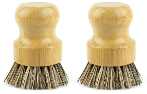 AUEAR, Spazzola in bambù naturale per la pulizia di piatti, setole di cocco, per padelle in ghisa (confezione da 2, colore scuro)