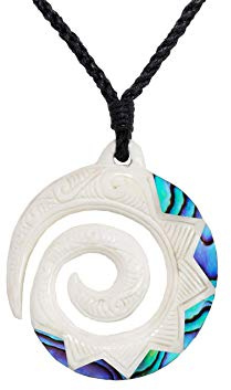 81stgeneration Hand-Carved Bone Koru Spiral Pendant with Paua Shell - Adjustable Cord Necklace for Men - Women's Maori-Style Amulet with Tribal Pattern Engravings - Statement Surfer Jewellery