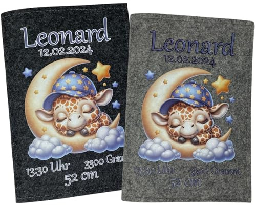 U Heft Hülle mit Impfpass aus Filz - Personalisiert mit Namen - Untersuchungsheft Schutzhülle - Babygeschenke zur Geburt - Kinderuntersuchungsheft Mädchen und Junge - Giraffe auf Mond