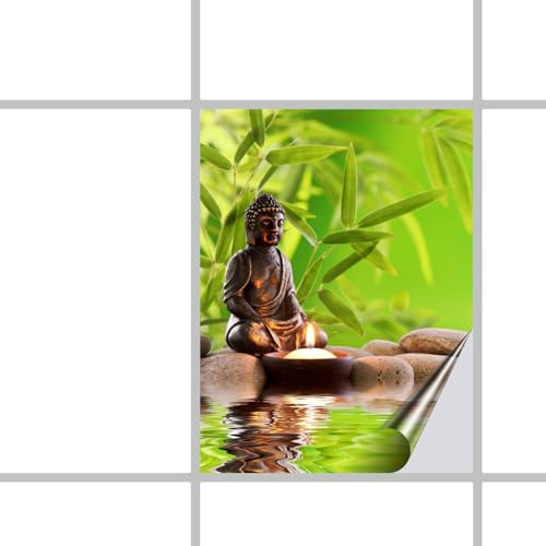 FoLIESEN Fliesenaufkleber - Deko für Bad, Küche, Badezimmer - Dekoration Fliesen-Bild Selbstklebend - Buddha Zen Garten, Fliese (BxH):15x20 cm - 3 Stück