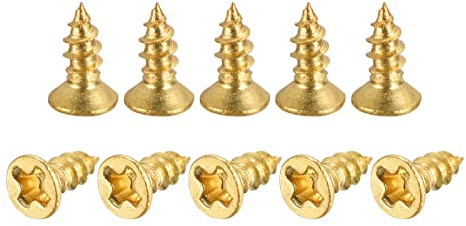 sourcing map Messing-Holzschrauben, M2 x 5 mm, Kreuzschlitz, Flachkopf, selbstschneidender Anschluss für Tür, Schrank, Holzmöbel, 100 Stück