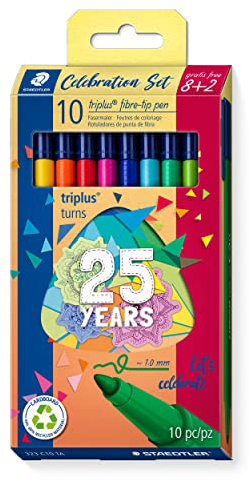 STAEDTLER Fasermaler triplus celebration Set, ergonomischer Dreikantschaft, Linienbreite 1,0 mm, lange Lebensdauer, Jubiläums-Promotion: 8 + 2 fibre-tip pens in sortierten Farben, 323 C10 TA