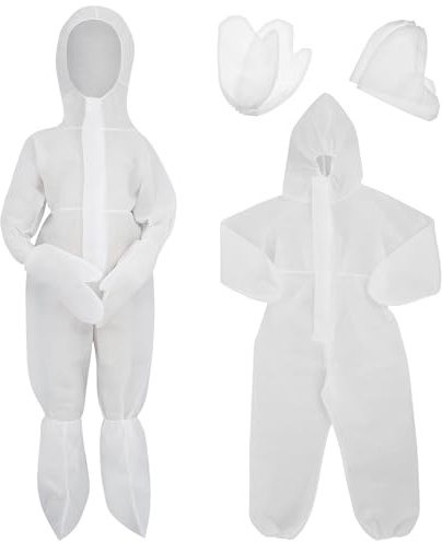 TENDYCOCO Disposable Kids One-Piece Protective Clothing with Hood Zipper Gloves and Shoe Covers Breathable Nonwoven Coverall for Children Indoor and Outdoor Safety