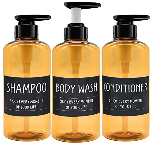 3er Pack 500ml Shampoo Flasche Pumpe Spender mit Etikett, Leere Plastik Seifenspender Flasche mit Pumpe für Bad, Küche oder Hotel, Nachfüllbarer Flüssigkeitsspender für Lotion, Duschgel und Spülung