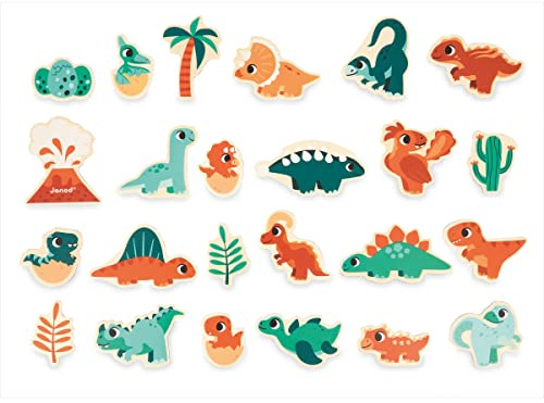 Janod - 24 Magnet-Dinos - Spielzeug aus FSC-Holz - Magnetisches Lernspiel - Zubehör für Magnettafel - Dino-Spiel - Ab 24 Monaten, J05839