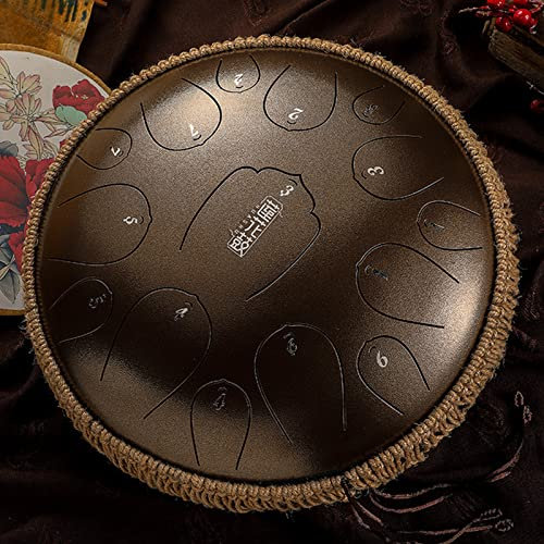 Stahl Zunge Trommel, 15 Noten Zunge Trommel, 14 Zoll Handpan Drum Percussion Steel Drum Instrument, Heilung Trommel Mit Drumsticks, Ton Aufkleber Und Tragbare Reisetasche, D-Dur,Bronze