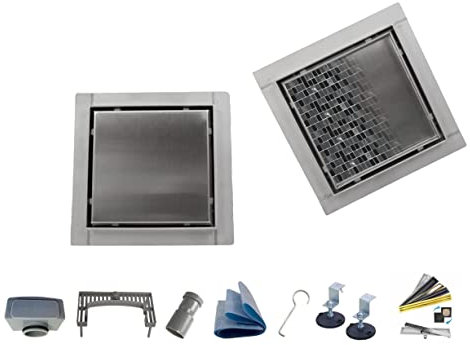 AQUA HEATING Quadratischer Edelstahl-Bodenablauf superflach Komplettset Badezimmer mit bodengleicher Dusche, Duschrinne Ablaufgarnitur-Set, Duschablauf mit Siphon Doppelseitiger Rost 20x20cm silber