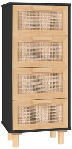 vidaXL Sideboard Schwarz 40x30x90cm Massivholz Kiefer und Natur-Rattan