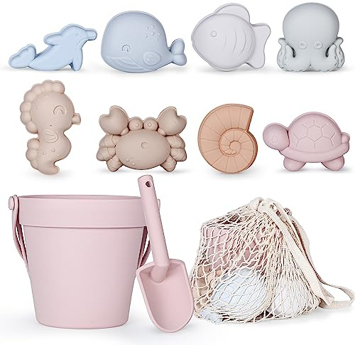 MarcZero 11Pcs Silicone Beach Toys,Modern Baby Beach Toys,Travel Friendly Beach Set,Silicone Bucket, Shovel, 8 Sand Molds, Beach Bag,Silicone Sand Toys for Toddlers, Kids (Pink)
