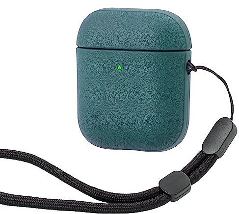 Teyomi Funda Compatible con AirPods 2ª generación, Toque de Cuero Funda para Apple Airpods 1&2 con Correa de Mano, TPU Airpods 2 Case (Verde Oscuro)