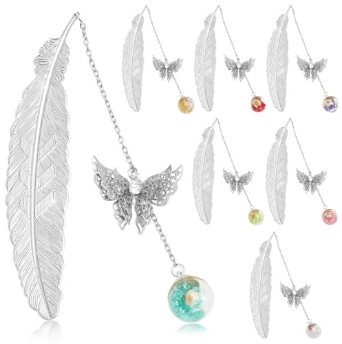 7 Stück Metallfeder-Lesezeichen mit 3D-Schmetterlingsanhänger, Schmetterlings-Lesezeichen-Geschenk für Buchliebhaber, Leser, Lehrer und Schüler, Weihnachtsgeschenkbox-Dekorationen (Silber Feder)