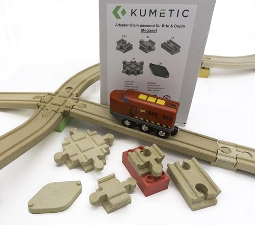 Kumetic 49 Stück Adapter-Steine Megaset in Holzoptik passend für Brio Schienen & Duplo® sowie alle übrigen Holzeisenbahnen + Klemmbausteine - Made in Germany (Mega-Set)