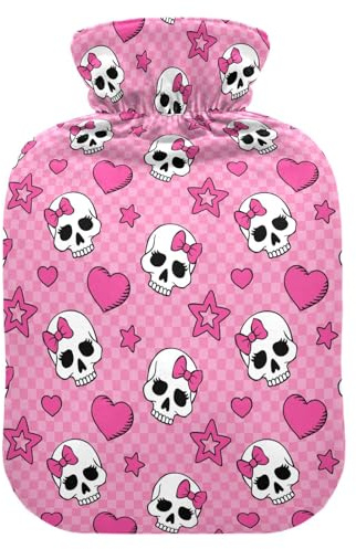 Wärmflasche, 2 l, großer Wärmbeutel mit weichem Plüschbezug, Gothic, rosa Totenkopf, Mädchen, auslaufsicherer Schraubverschluss, ideal für Wintersport, Outdoor, Rücken, Nacken und Beine, kalte