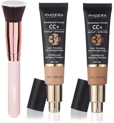 PHOERA CC Cream Foundation, PHOERA Full Coverage Foundation Farbkorrekturcreme, feuchtigkeitsspendendes Anti-Aging-Serum mit mattem, natürlichem, leichtem Finish (120+140/Nude+Buff Beige)