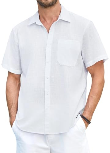 HISDERN Camicia Lino Bianca Uomo Estiva Casual Camicie Maniche Corte Colore Solido Camicia con Tasca per Spiaggia Vacanza Regular Fit 2XL