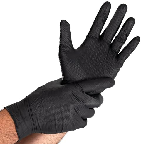 50 Stück Hygostar Nitrilhandschuhe Diamond Grip | puderfrei, Packung, schwarz, 9/L, L: 24cm, Einweghandschuhe , Nitrilhandschuhe, Laborehandschuhe