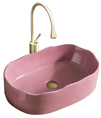 Waschbecken Badezimmerschiffs Waschbecken, 21 Zoll über der Theke Oval Pink Arbeitsplatte Waschbecken for Schrank Toilette Waschtisch mit goldenem Wasserhahn und Pop -up -Drain -Kombination Aufsatzwas