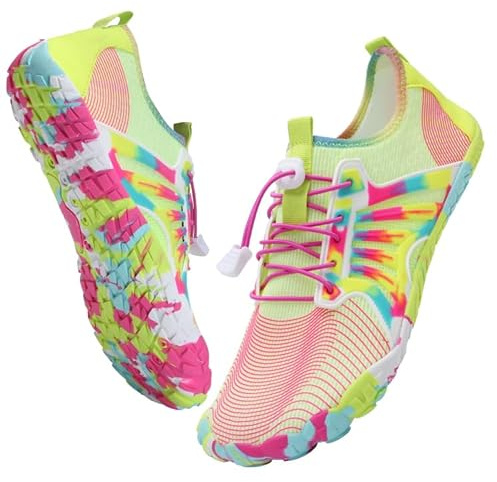 IceUnicorn Barfußschuhe Damen Herren Breite Traillaufschuhe Zehenschuhe Unisex Schwimmschuhe Strandschuhe Aquaschuhe(Gelb Rosa, 38EU)
