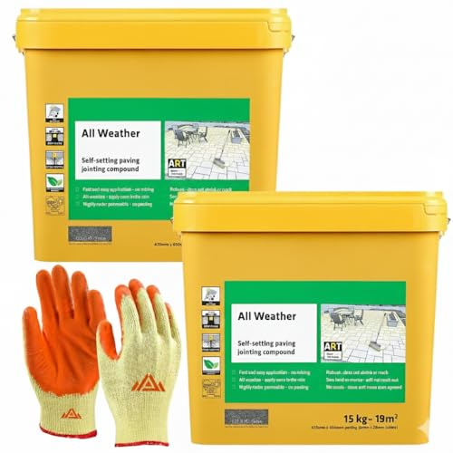 All Weather-Ready to Use, Self-Setting Paving Jointing Compound for Any Weather, Suitable for Stones Setts, Paving Block and Footpaths 15kg - 21 sq.m 2 pack with Gloves (Stone)