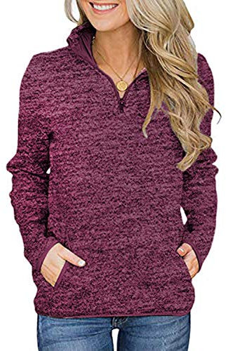 iWoo Damen Langarmshirt Sweatshirt Reißverschluss Pullover Casual Oversize Lose Shirt Hemd Oberteil mit Taschen Tops Weinrot XL