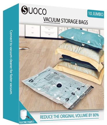 10 Jumbo Vacuum Storage Bags with Electric Pump, Compression Packing Seal Space Saver Cubes for Clothing Bedding Comforters Blankets Pillows
